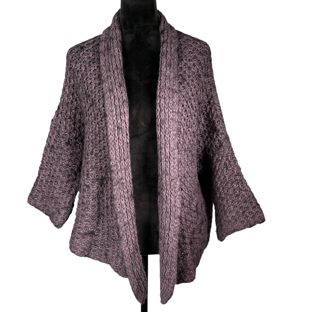 Anthropologie Elsamanda Purple Wool Cardigan Sweater Chunky Knit Open Open Front